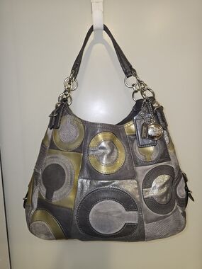 COACH 15770 Patchwork Maggie Mia Leather Shoulder Bag Gray & Olive Leather Suede